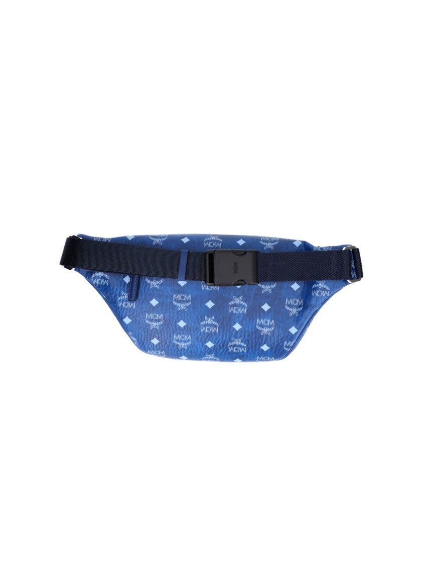 Mcm Signature Logo Print Blue Belt Bag