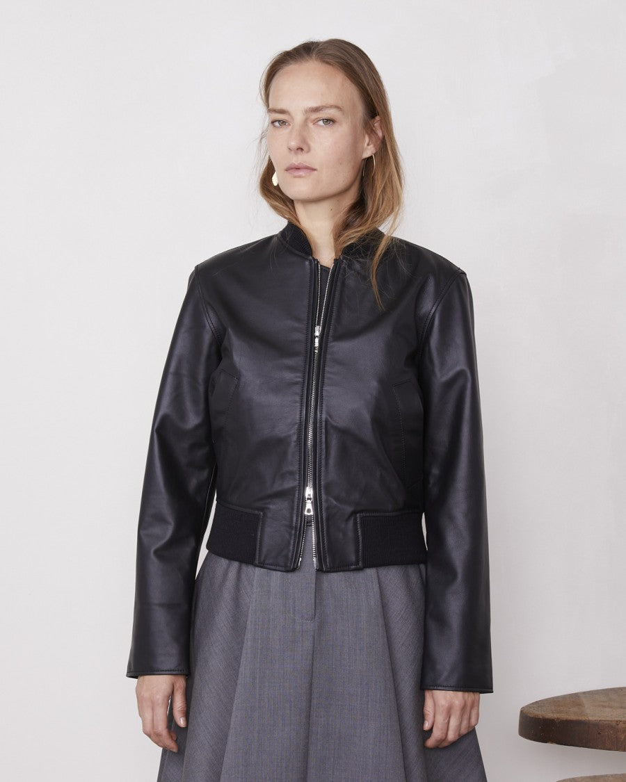 Officine Generale Boxy Black Leather Bomber Jacket