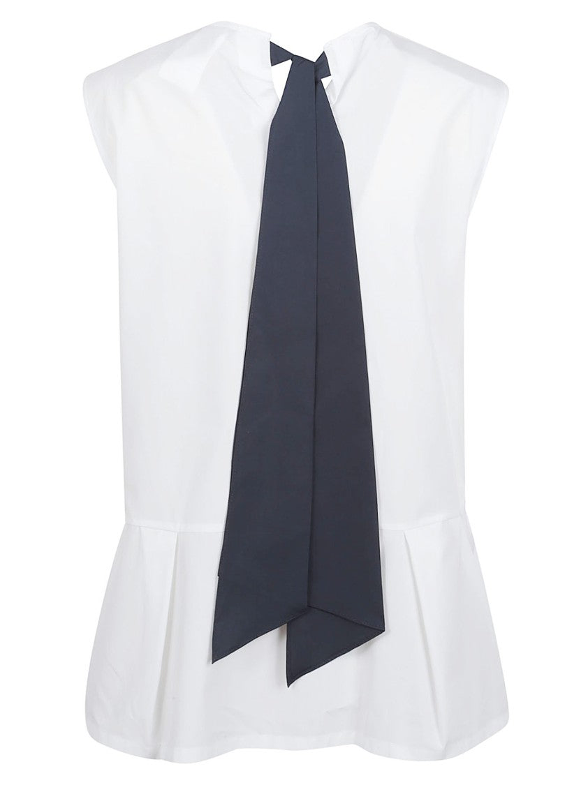 Max Mara Cotton Poplin Top With Front Ruffles And Ribbon Tie Closure