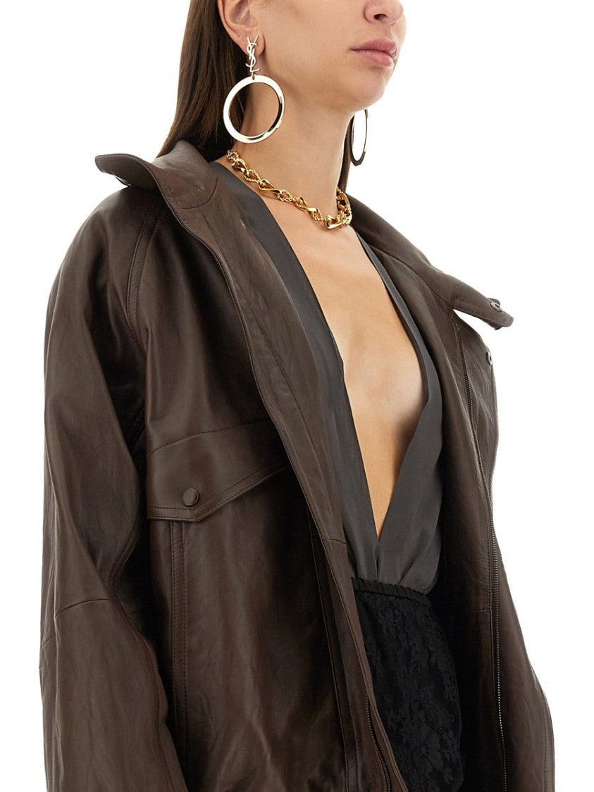 Saint Laurent Deep Plunge Silk Bodysuit With Sheer Sleeves