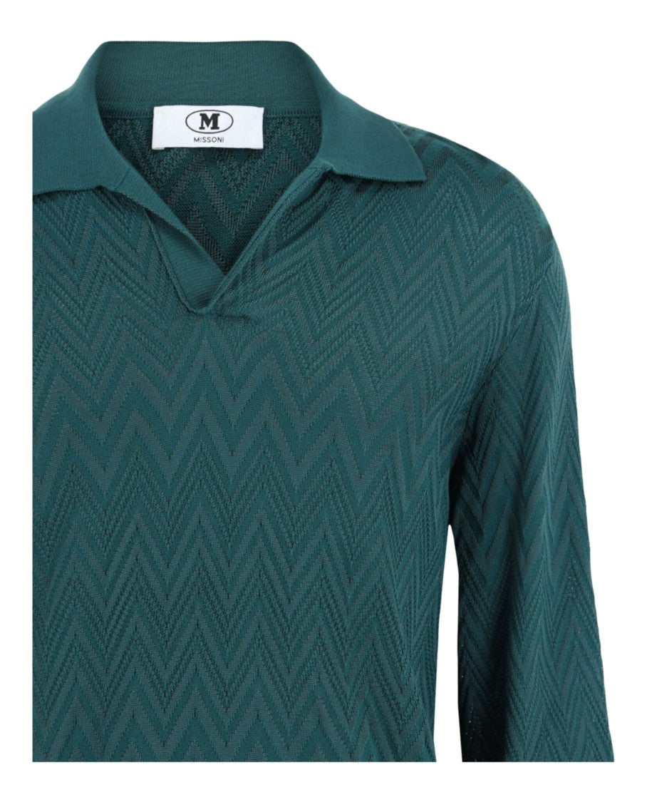 M Missoni Textured Zig Zag Knit Polo Shirt With V-Neck