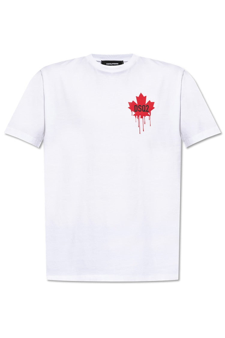 Dsquared2 White Cotton T-Shirt With Bold Maple Leaf Graphic