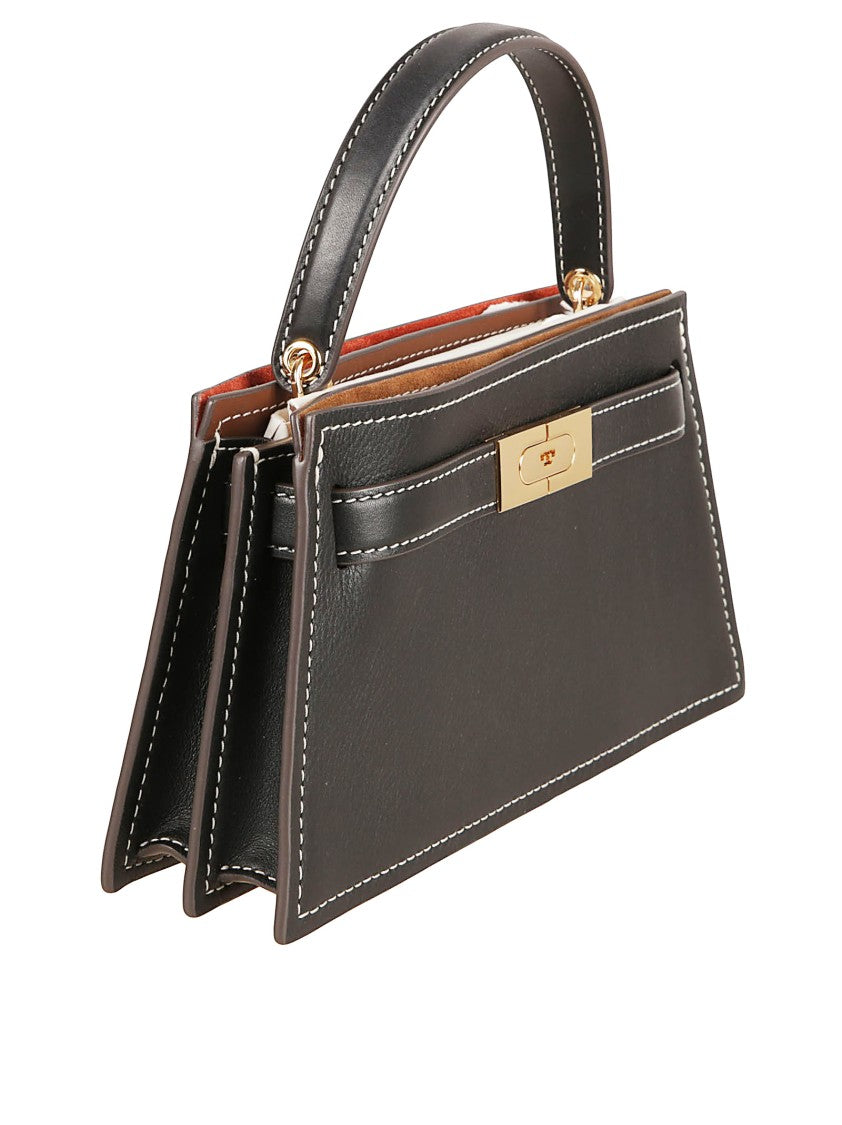 Tory Burch Structured Black Leather And Suede Handbag With T-Buckle Closure