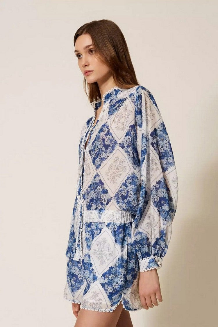 Twin-Set Blue Ramie Diamond-Patchwork Floral-Print Shorts