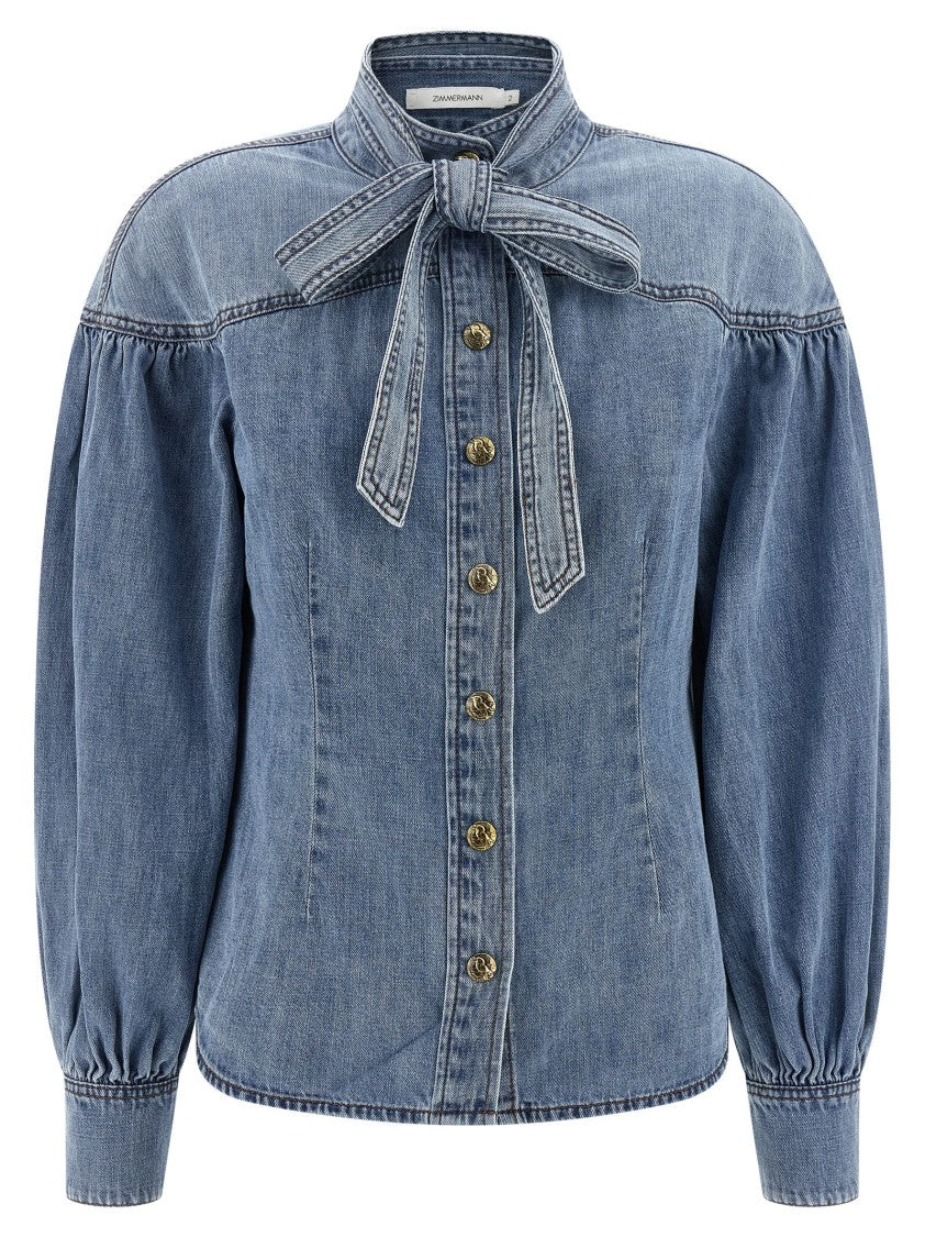 Zimmermann Cotton Denim Shirt With Mandarin Collar