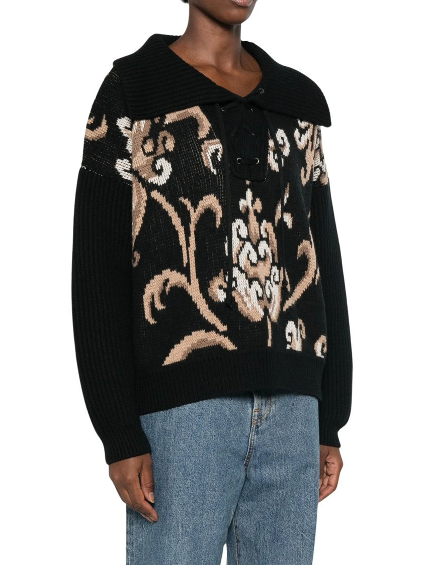 Etro Intarsia Floral Sailor Collar Wool Sweater