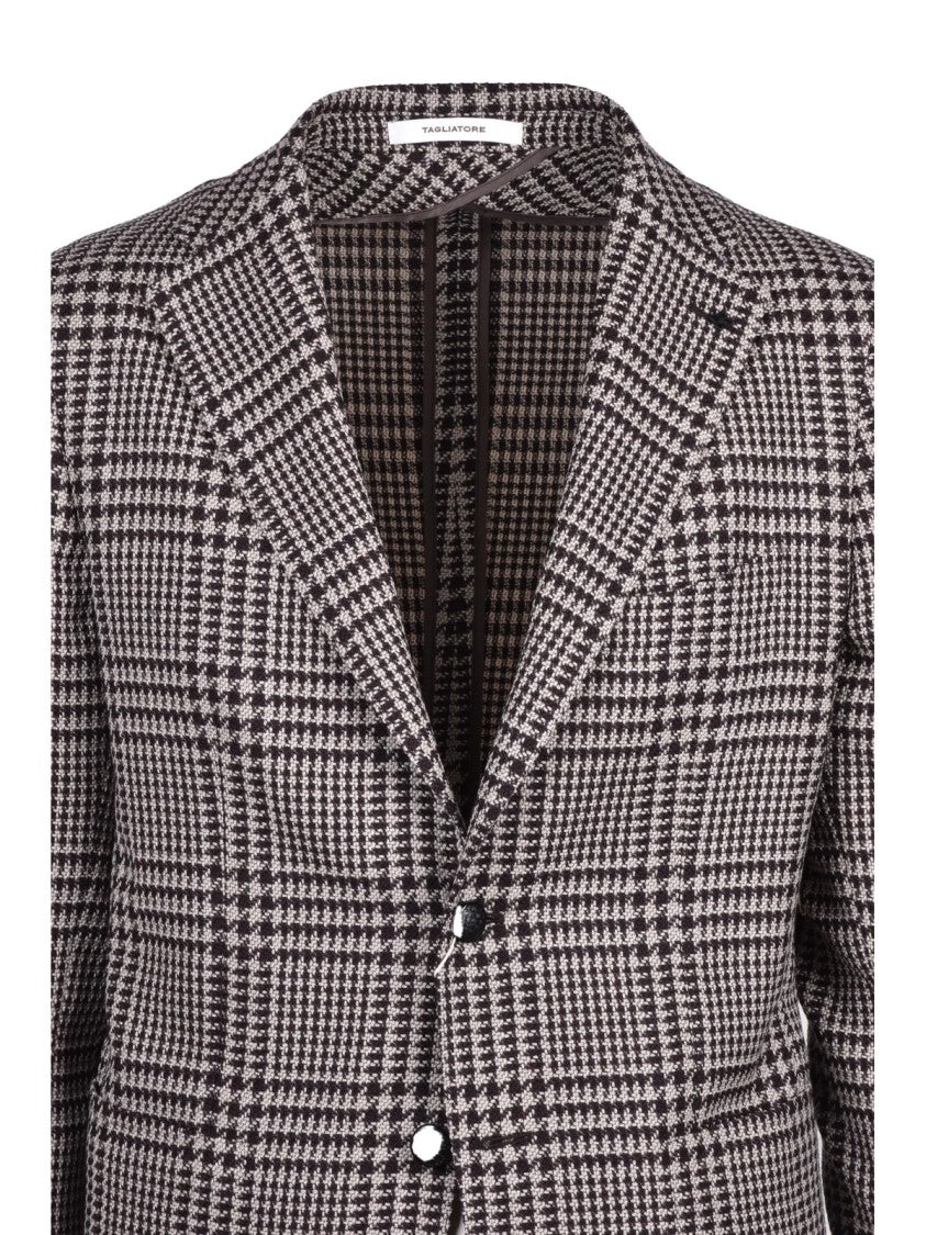 Tagliatore Brown/Beige Checkered Rounded Virgin Wool Jacket