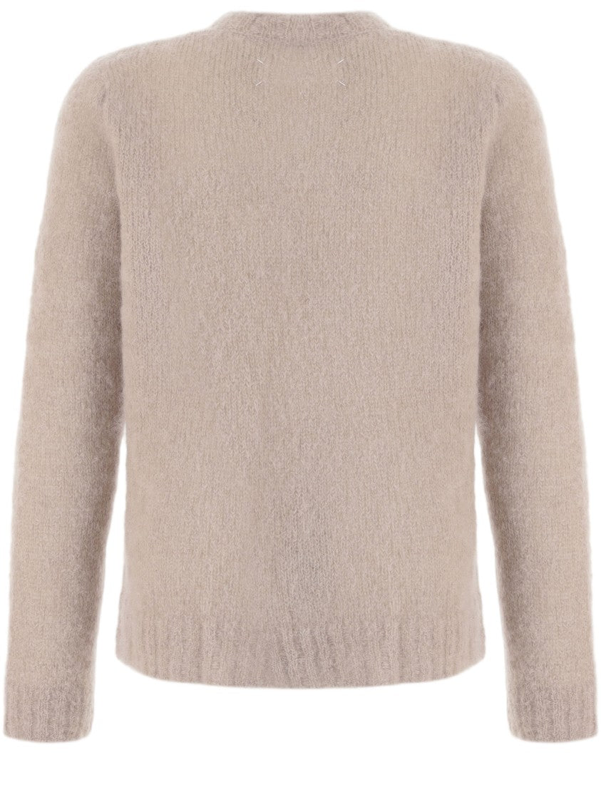 Maison Margiela Beige Mohair-Blend Velvet Appliqué V-Neck Sweater