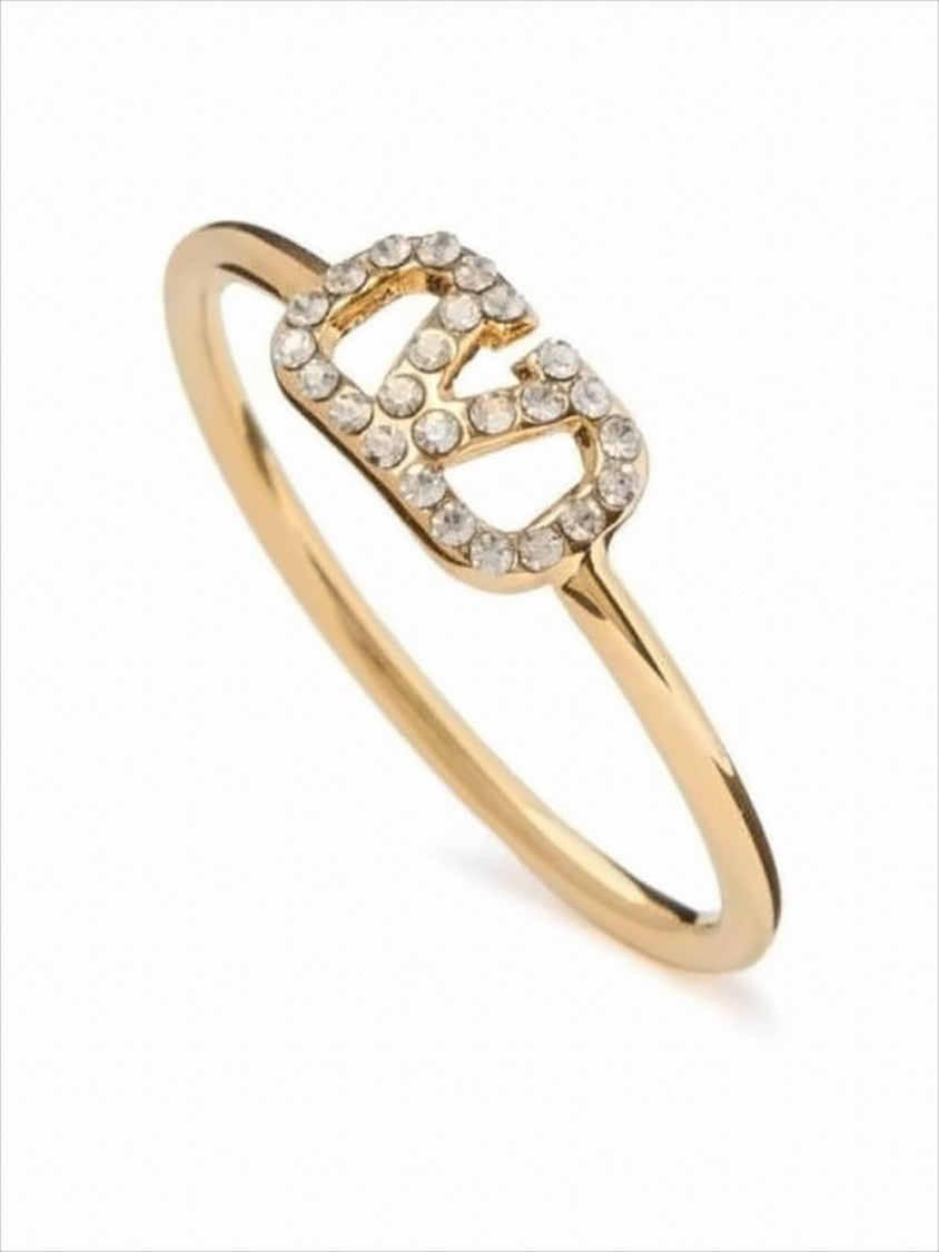 Valentino Garavani Delicate Crystal-Embellished Gold Ring With Signature Logo