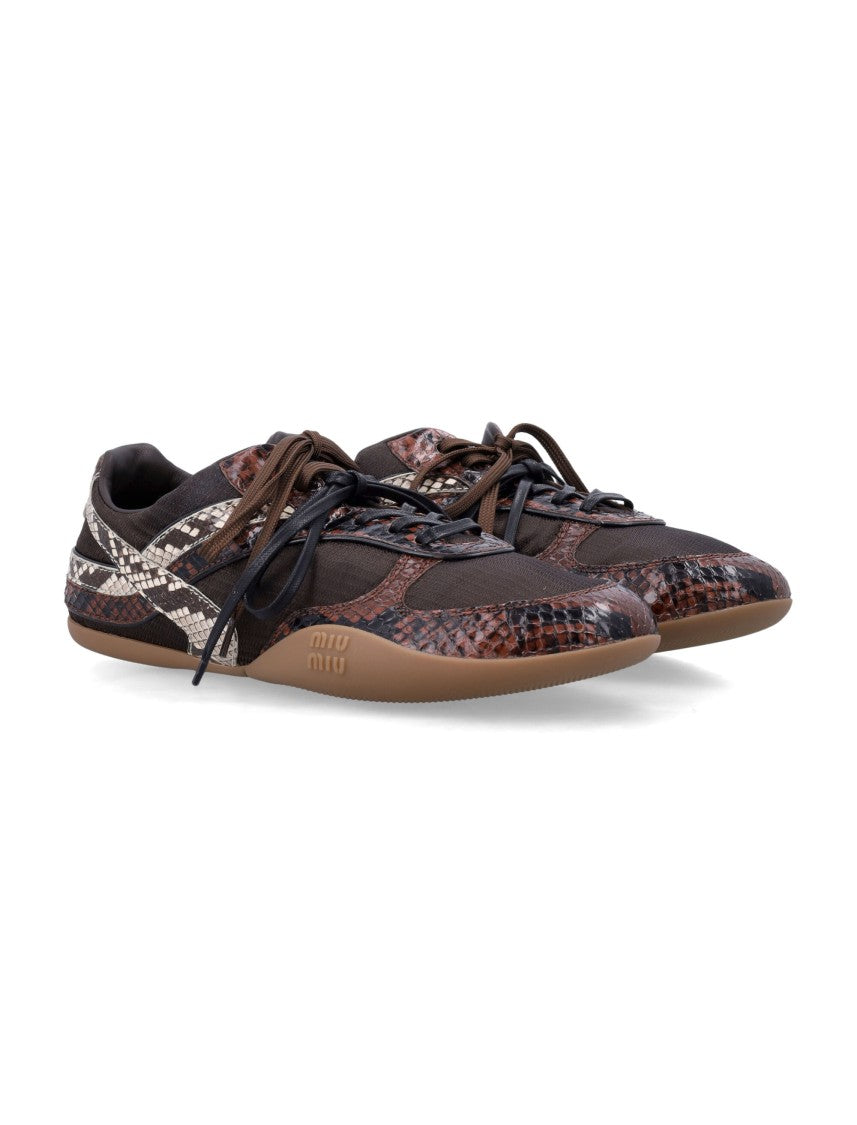 Miu Miu Gymnasium Sneakers In Technical Fabric And Python-Print Ayers Leather