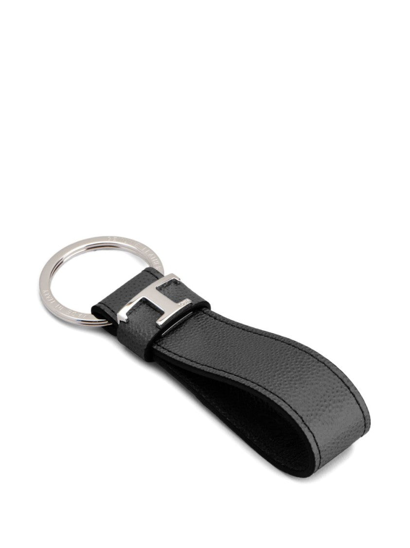 Tod's Minimalist Black Leather Keychain With Silver-Tone Logo