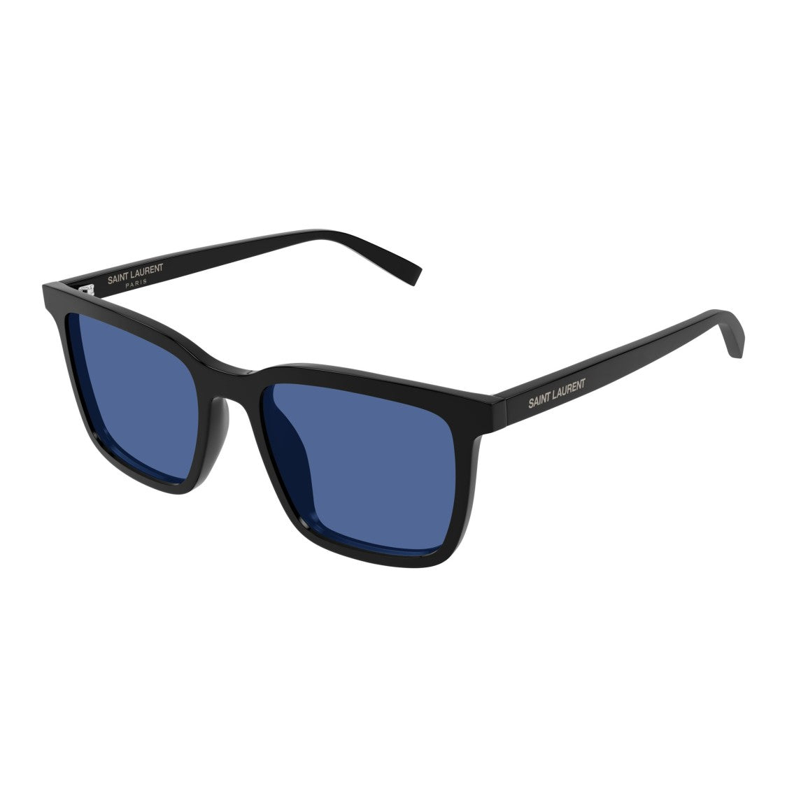 Saint Laurent Bold Rectangular Black Acetate Sunglasses With Deep Blue Lenses