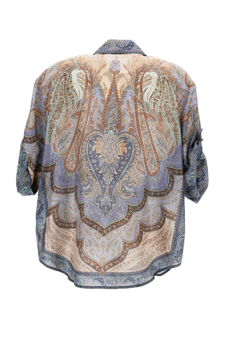 Zimmermann Silk Short Sleeve Shirt With Asymmetrical Hem And Rolled Sleeves