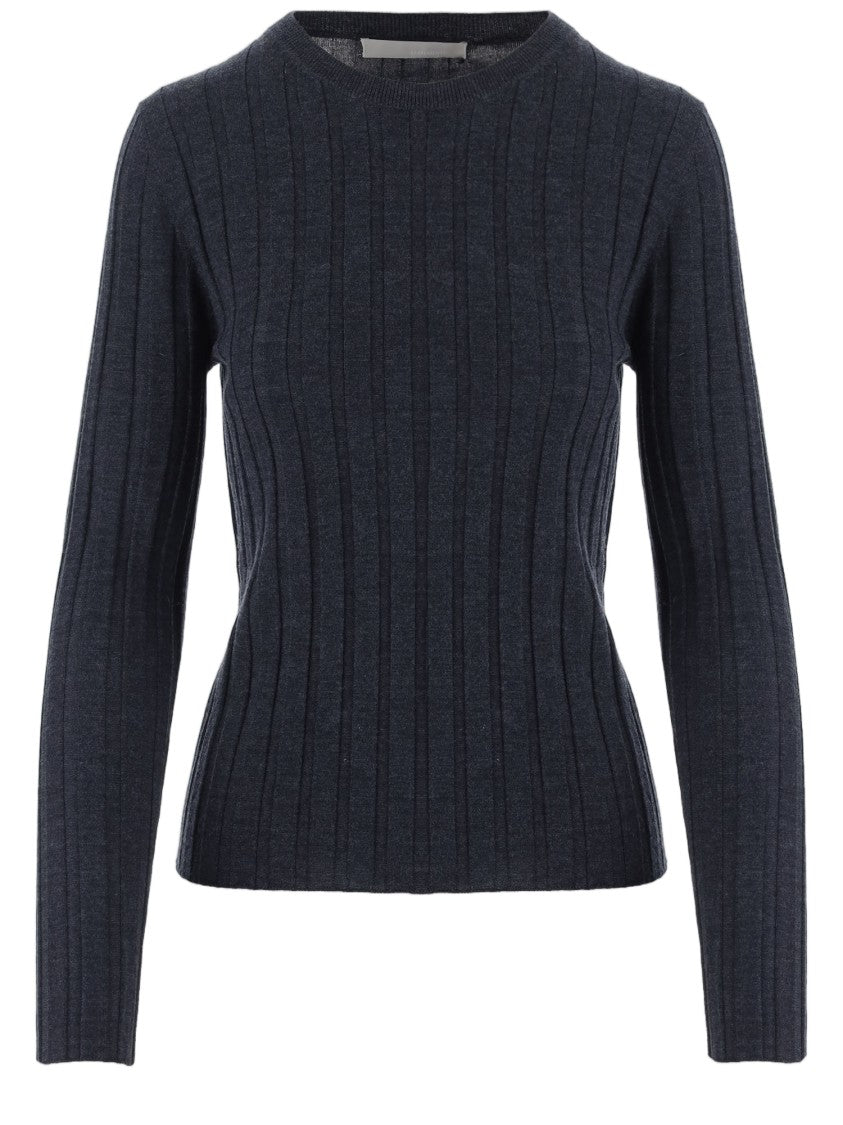 Allude Navy Ribbed Crewneck Wool Sweater