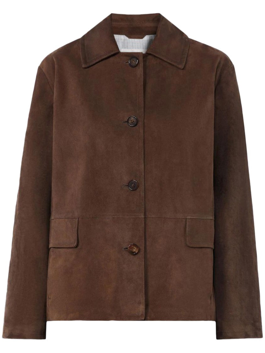 Max Mara Brown Lambskin Suede Jacket With Classic Collar