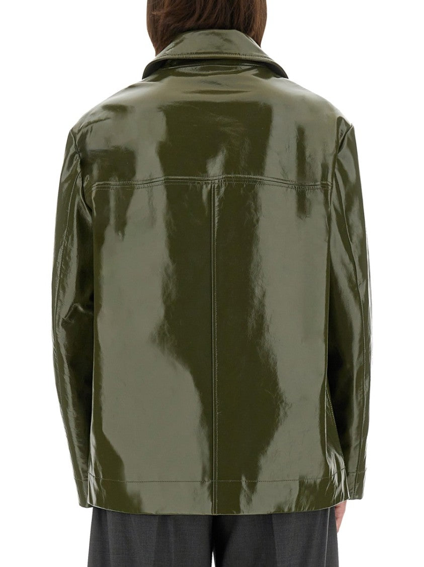 Ps Paul Smith Glossy-Finish Green Leather Jacket With Classic Collar