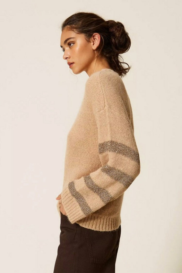 Twin-Set Camel Polyamide-Alpaca Blend Metallic-Stripe Sweater