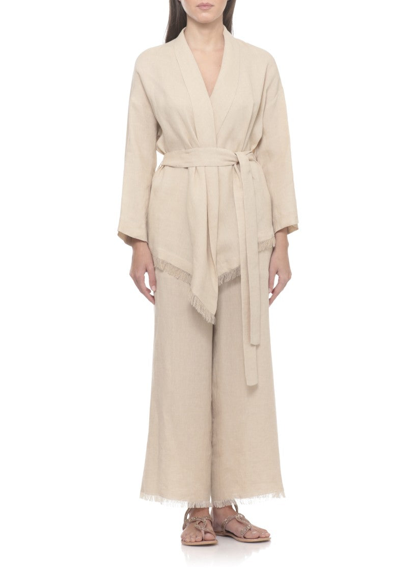 Antonelli Firenze Beige Katia Fringed Waist Belt Blazer