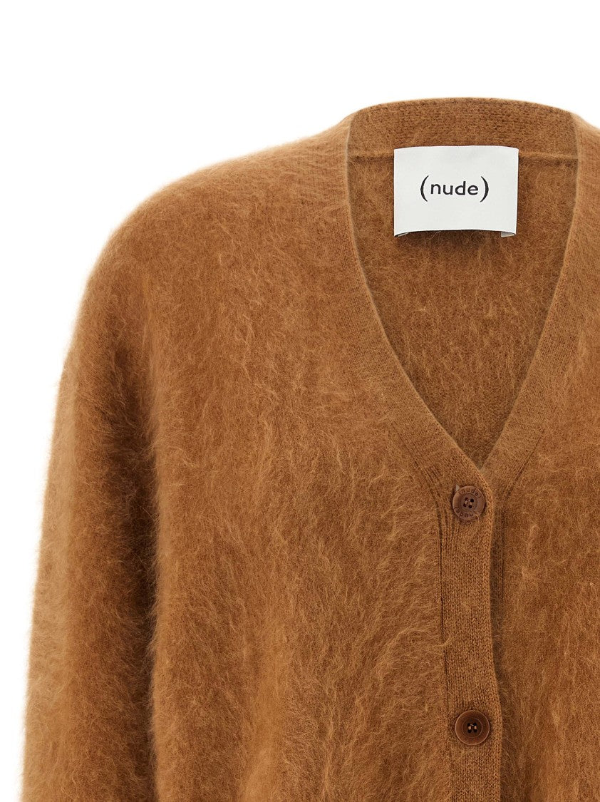 Nude Brown Long-Haired Cashmere Cardigan With V-Neck