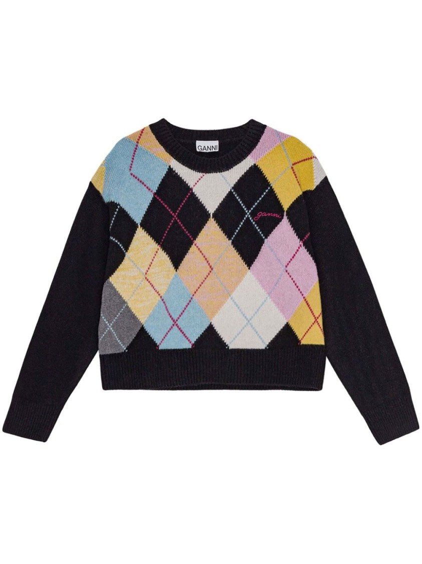 Ganni Argyle Knit Sweater In Recycled Wool