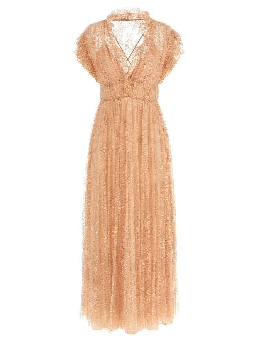 Alberta Ferretti Long Lace Dress With Ruffled V-Neckline