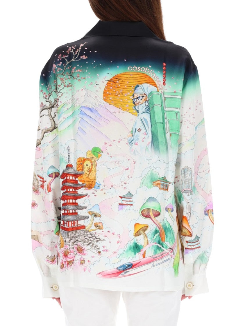 Casablanca Japanese Landscape Print Silk Shirt With Classic Collar