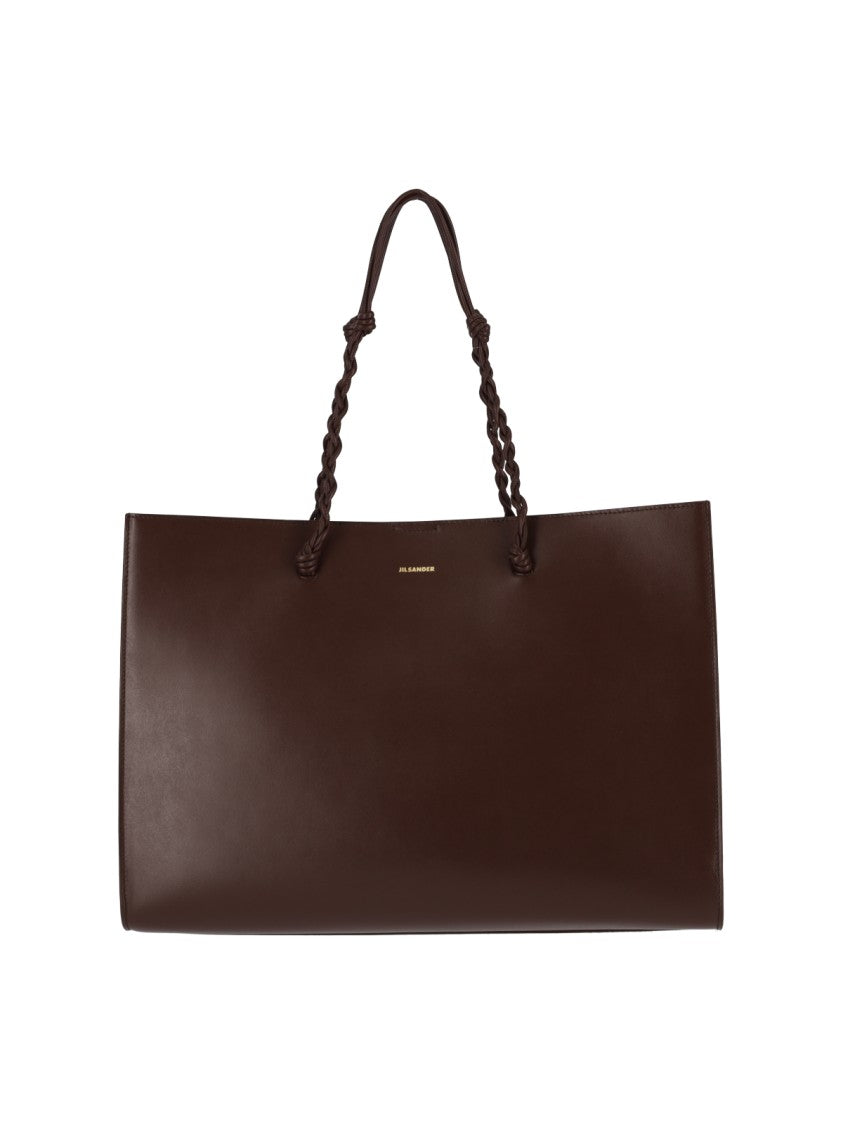 Jil Sander Braided Handle Brown Leather Tote With Gold Logo
