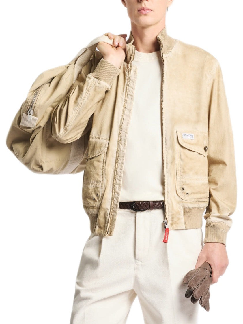 Fay Beige Cotton-Nylon Blend Bomber Jacket With Ribbed Trim