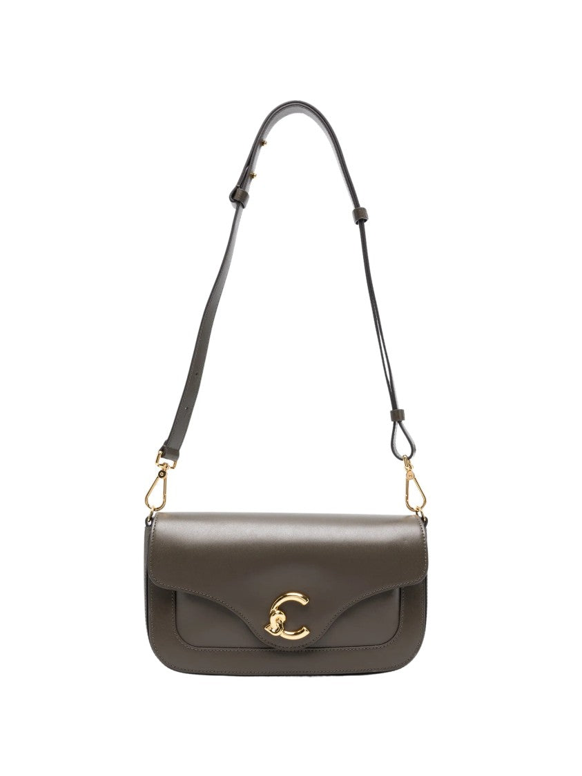 Coccinelle Rectangular Grey Leather Shoulder Bag With Gold-Tone Logo Plaque