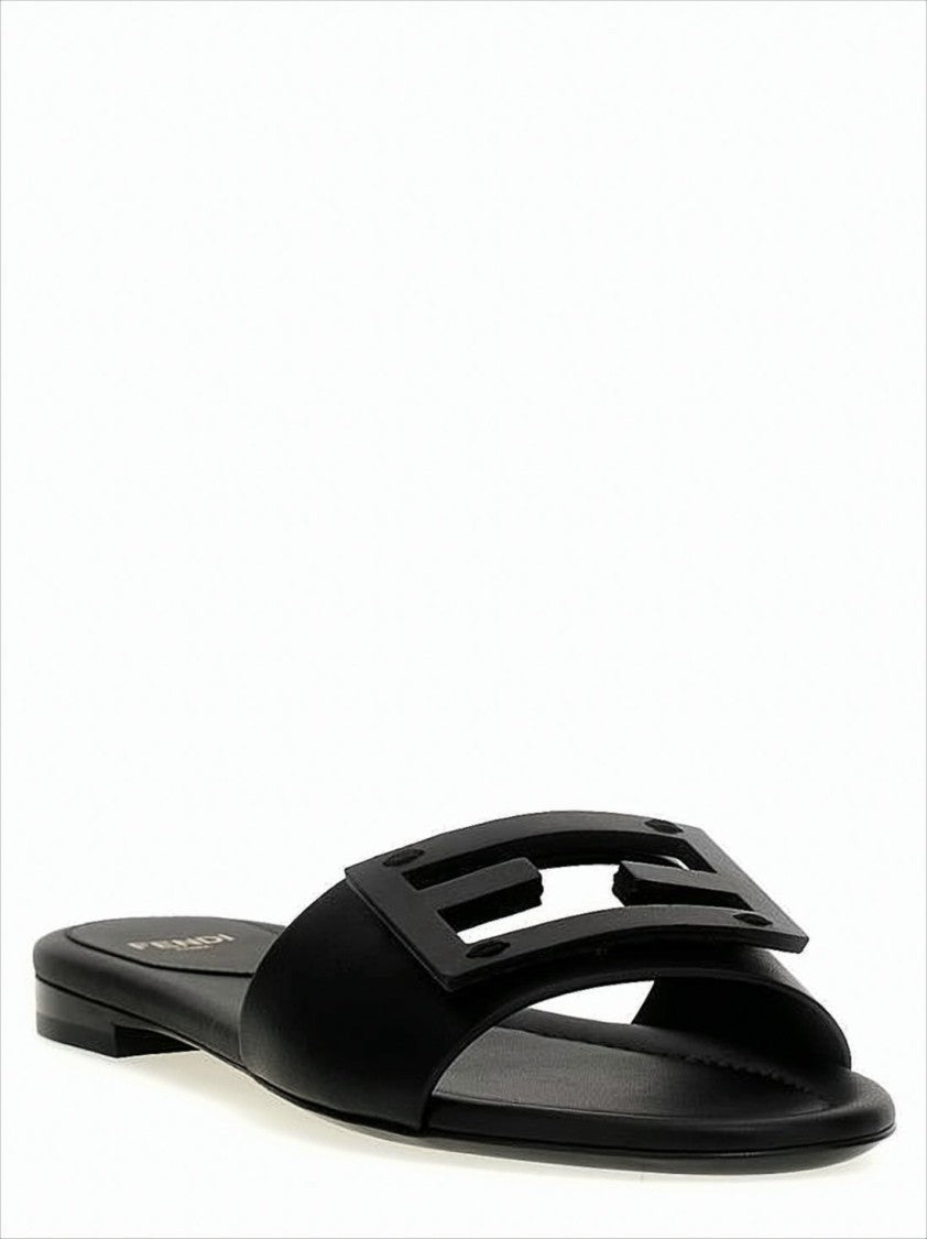 Fendi Cut-Out Logo Slide Sandals In Black Calf Leather