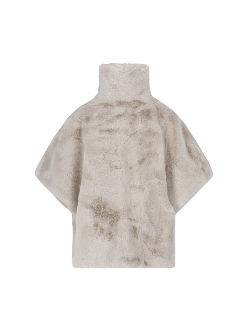 Pinko Beige Belted High Collar Faux Fur Jacket