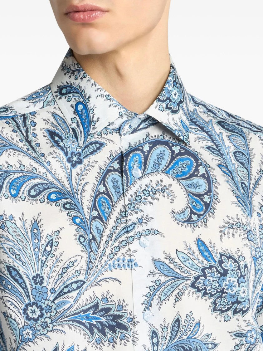 Etro Roma White Blue Paisley Cotton Shirt