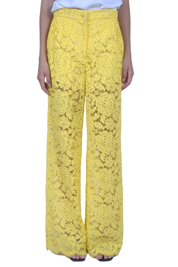 Dolce & Gabbana Yellow Floral Lace Wide-Leg Viscose-Blend Pants