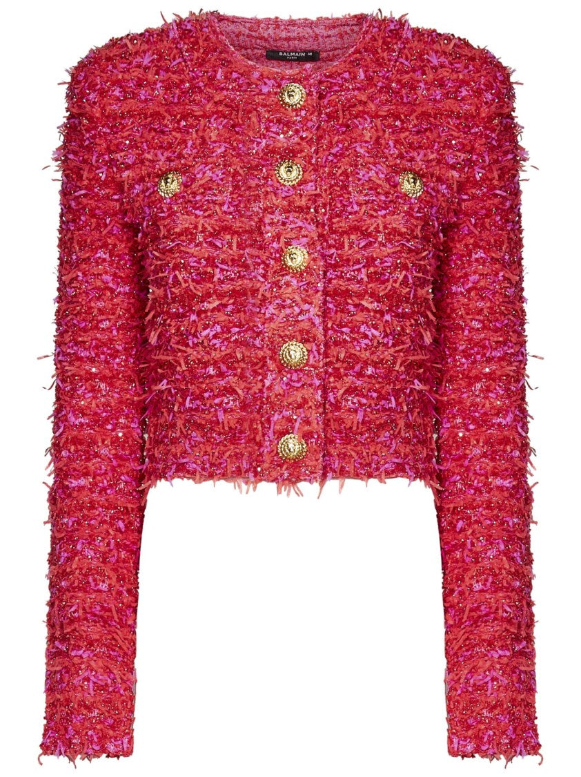 Balmain Cropped Red And Pink Lamé Textured Tweed Jacket
