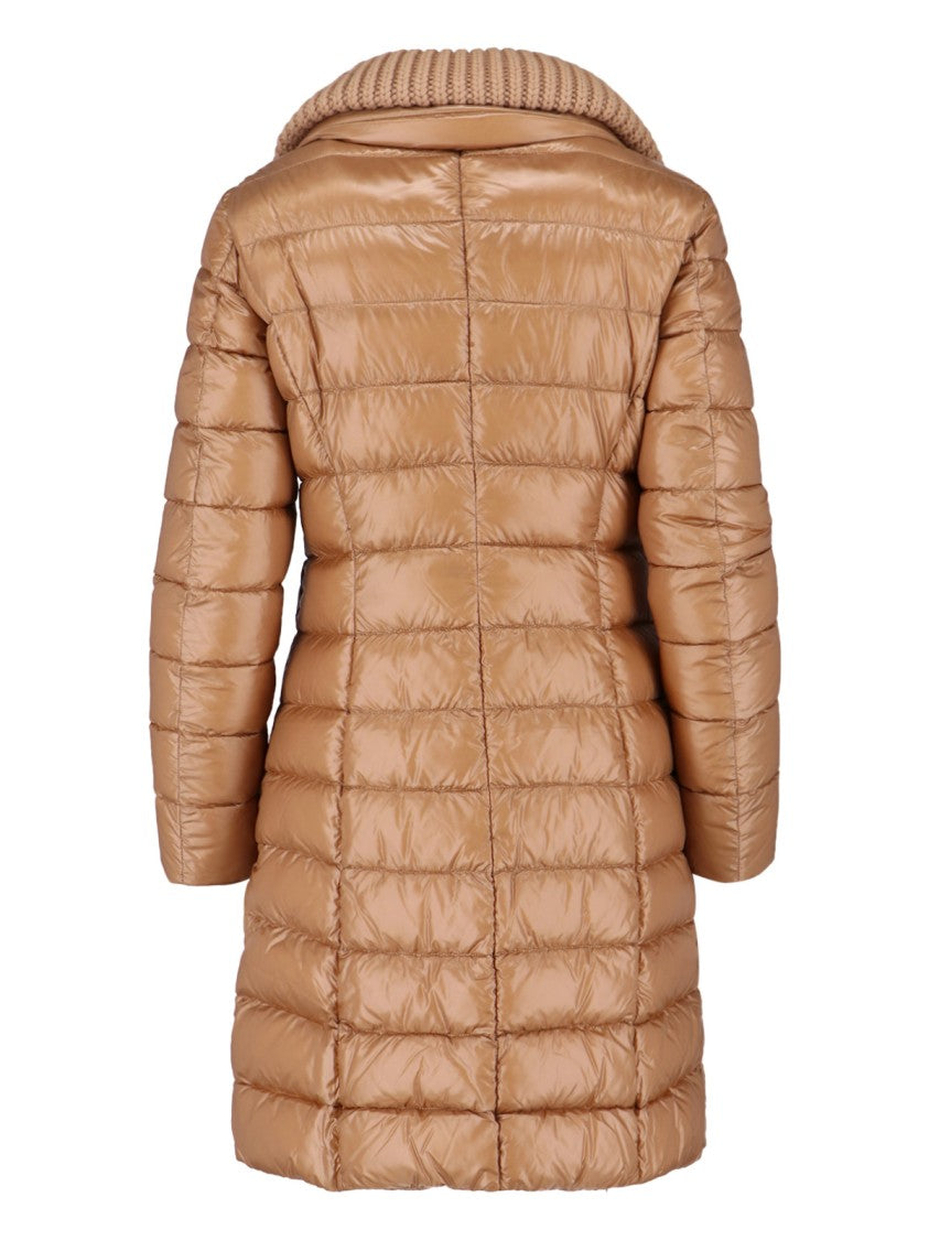 Herno Long Quilted Brown Piumino With Removable Knit Collar