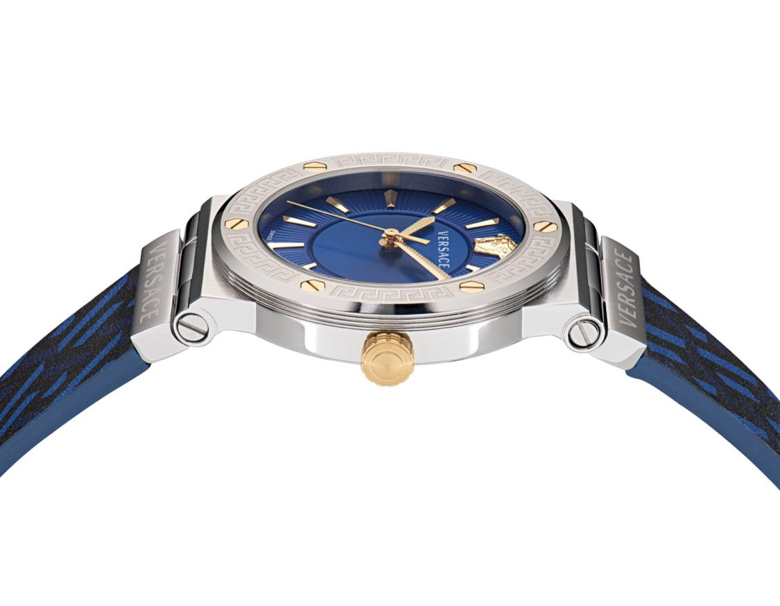 Versace Greca Logo 38Mm Quartz Watch With Blue Dial And Leather Strap