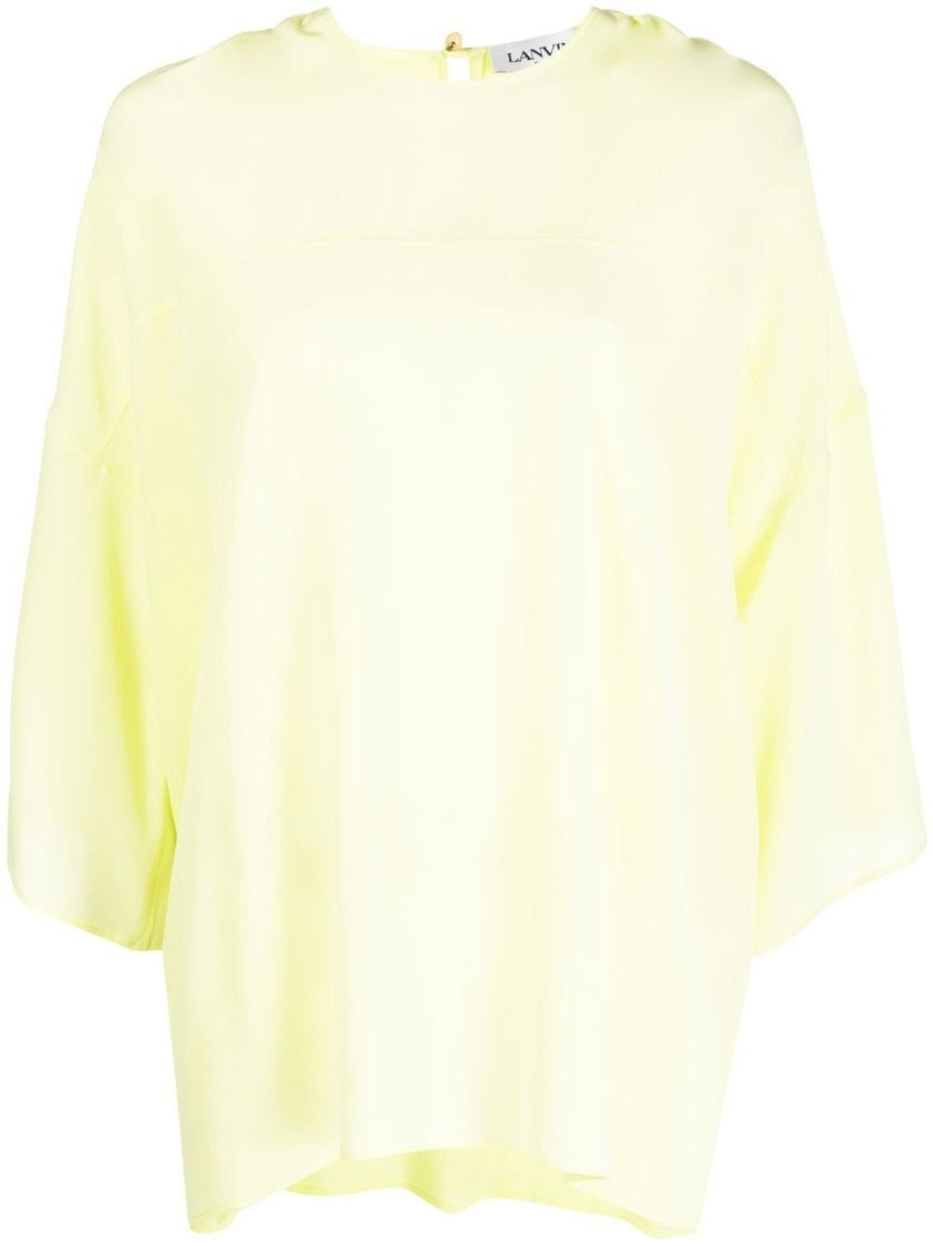 Lanvin Red Round Neck Silk Elbow-Sleeve Top