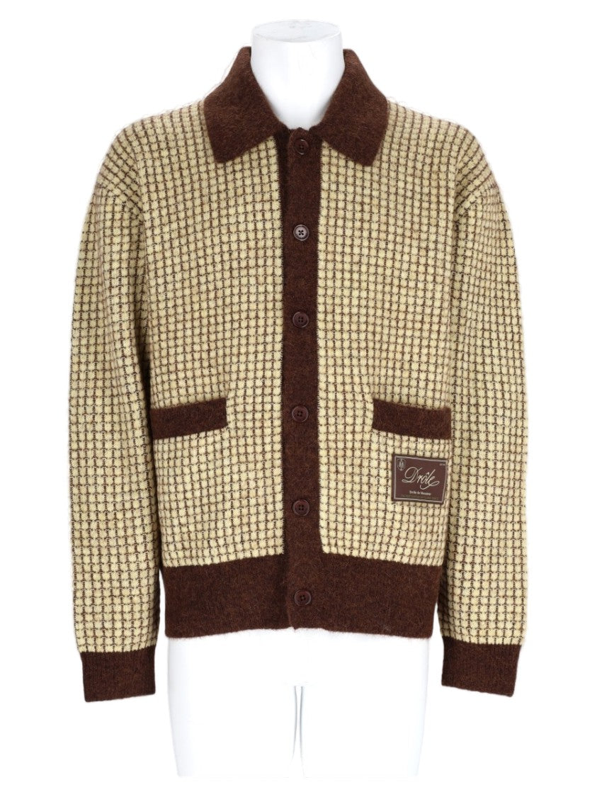 Drôle De Monsieur Yellow Checkered Wool-Blend Knit Cardigan