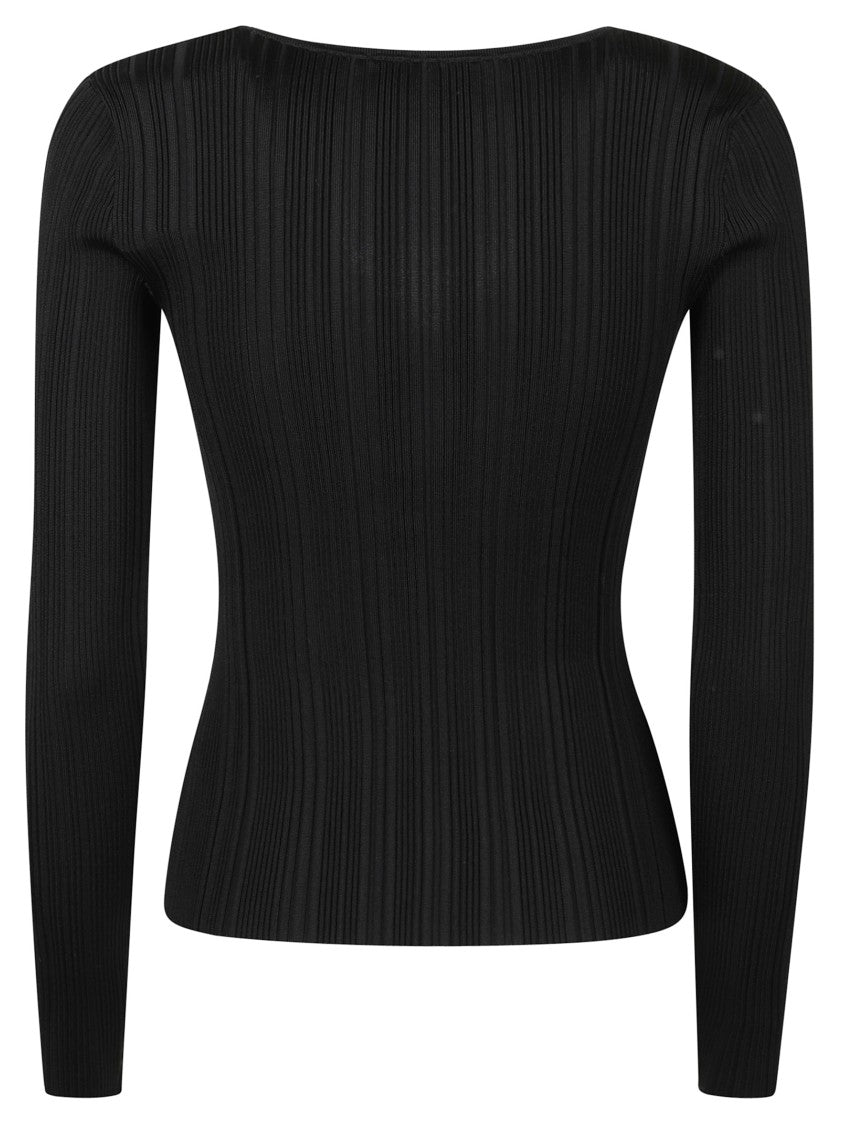 Self-Portrait Fitted Black Top With Deep V-Neckline