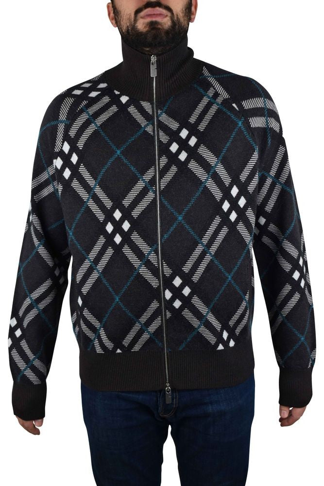 Burberry Check Pattern Wool Cardigan With High Collar