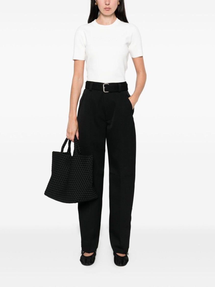 Max Mara Ribbed Knit White Short-Sleeve Top With Debossed Logo