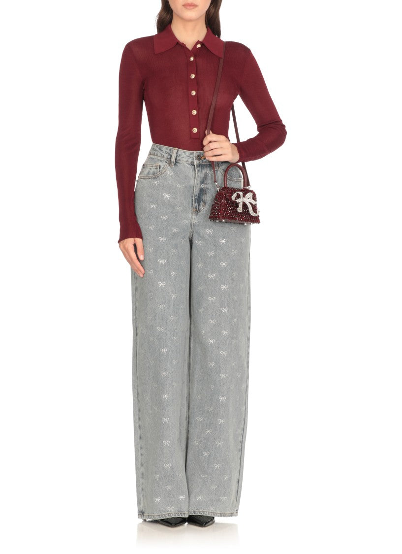 Self-Portrait Bordeaux Viscose Bodysuit With Classic Collar