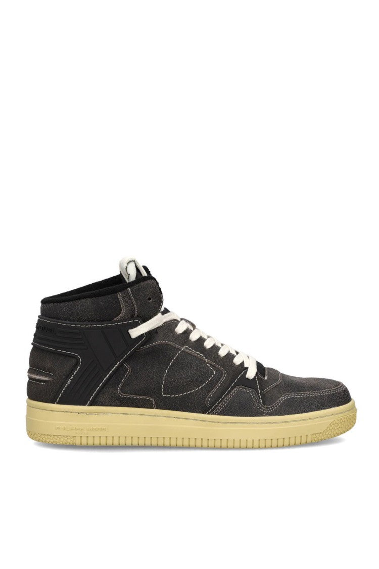 Philippe Model Black Distressed Weathered Chunky Sole Leather-Blend Sneakers