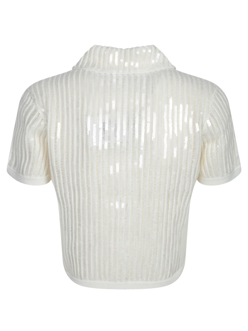 Self-Portrait White Sequin Knitted Top With Pointed Collar And Decorative Details