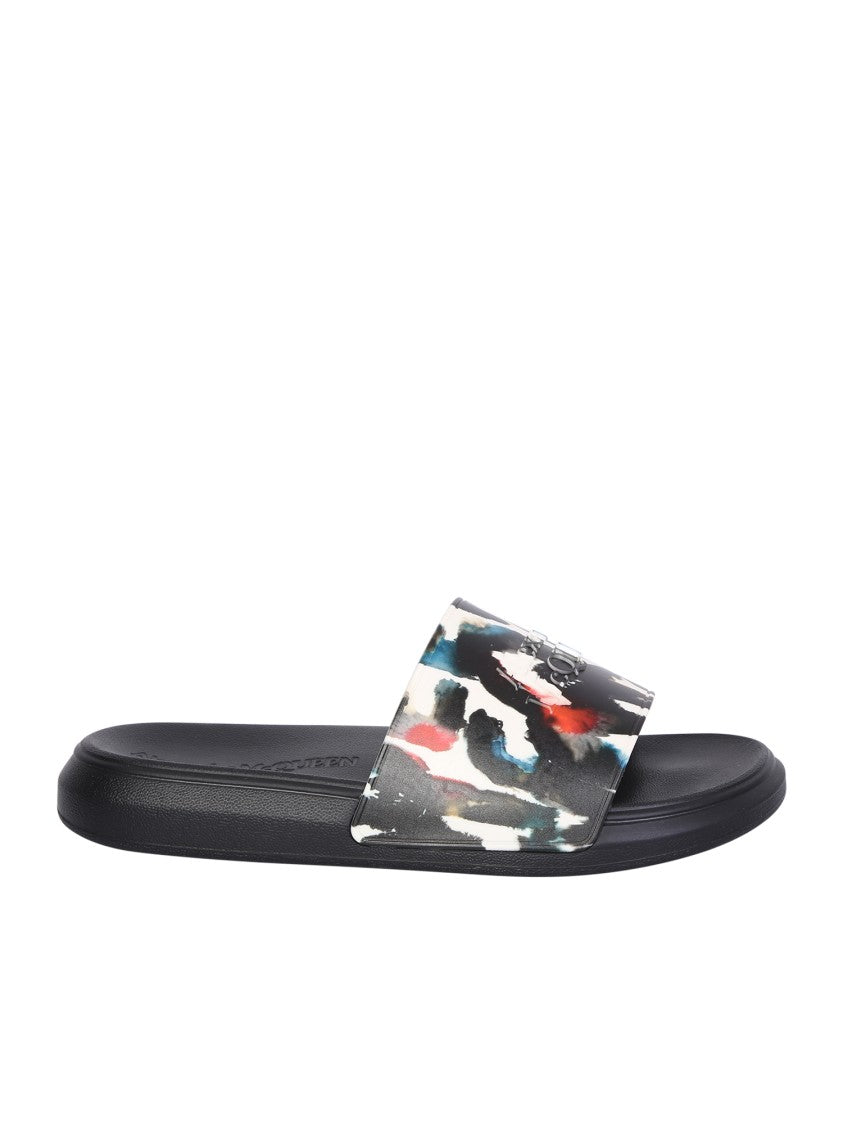 Alexander Mcqueen White Sandals With Multicolor Watercolor Graphite Print