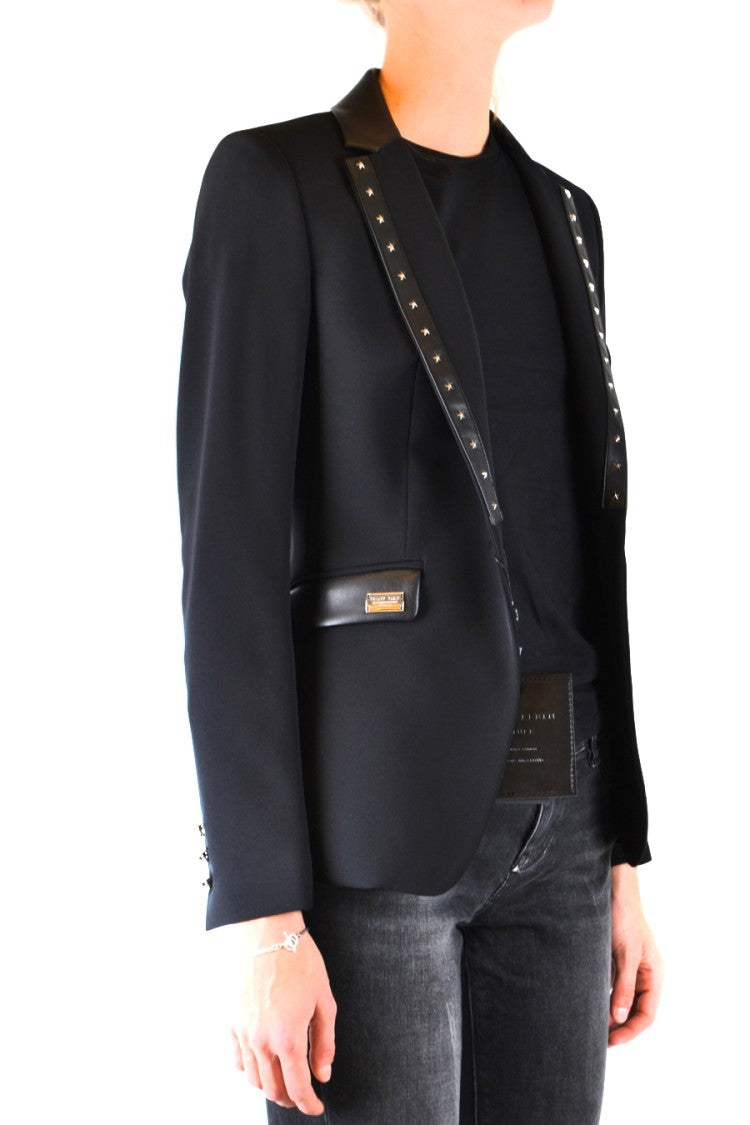Philipp Plein Tailored Black Blazer With Leather Trim