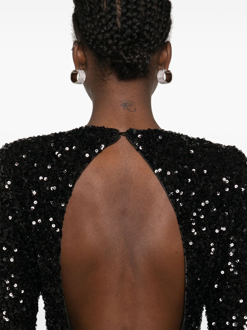 Rotate Open Back Black Sequin Dress With Ruffle Cuffs