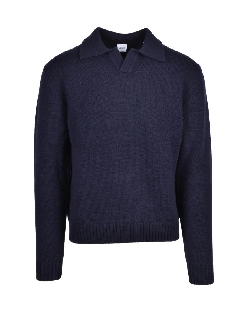 Aspesi Textured Knit Polo With Classic Collar In Deep Navy
