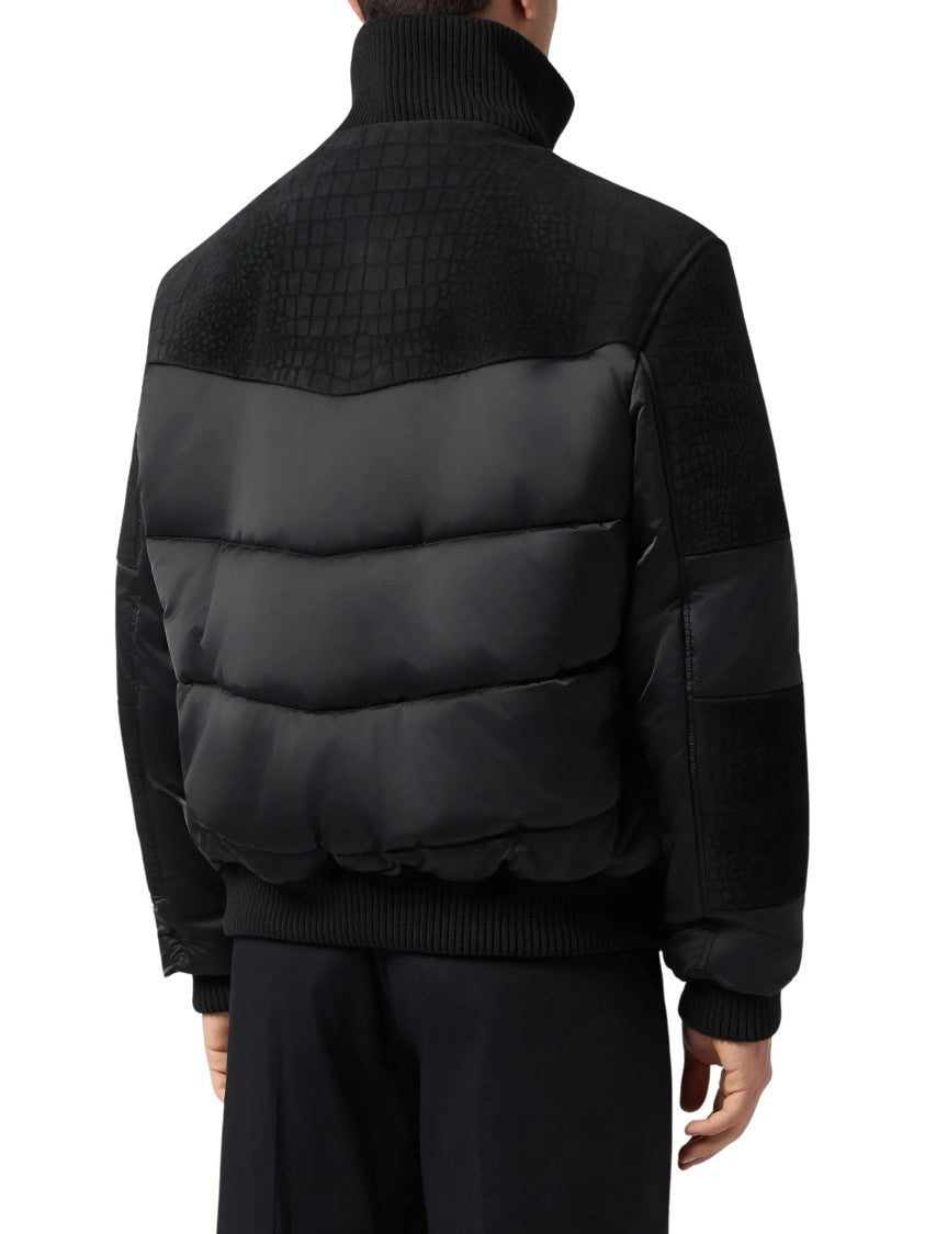 Philipp Plein Matte Nylon Puffer Jacket Textured Panel Canvas Down Jacket