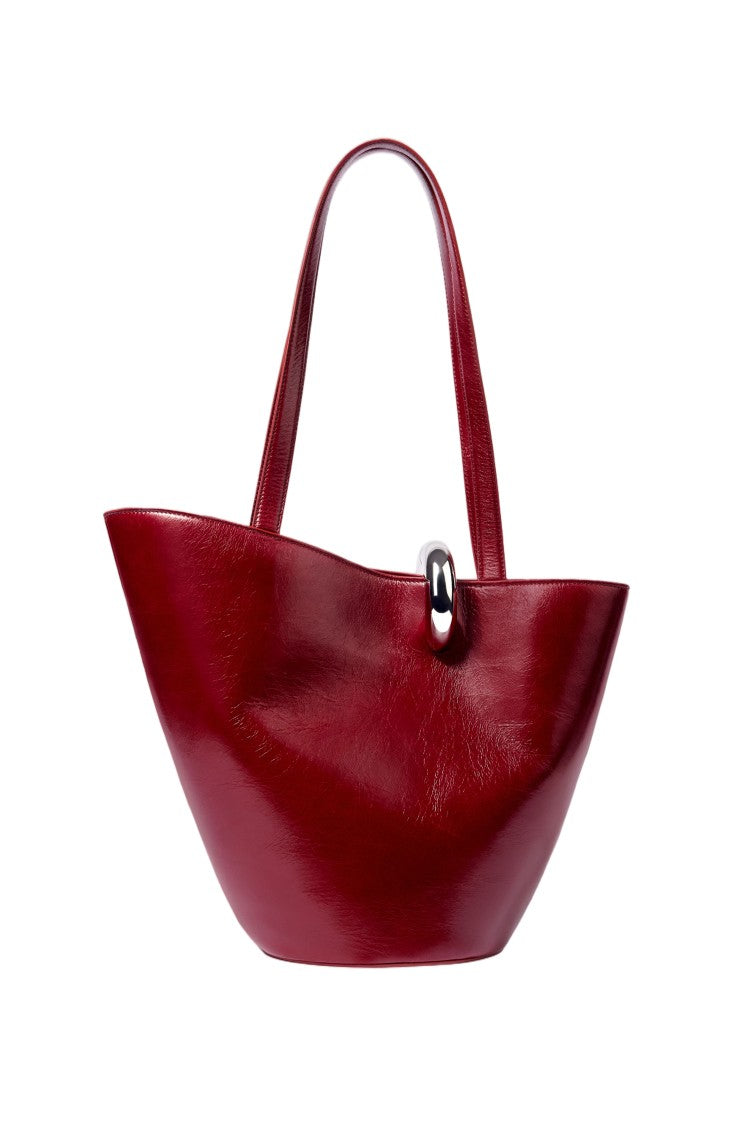 Jacquemus Asymmetric Glossy Leather Bucket Bag With Dual Handles